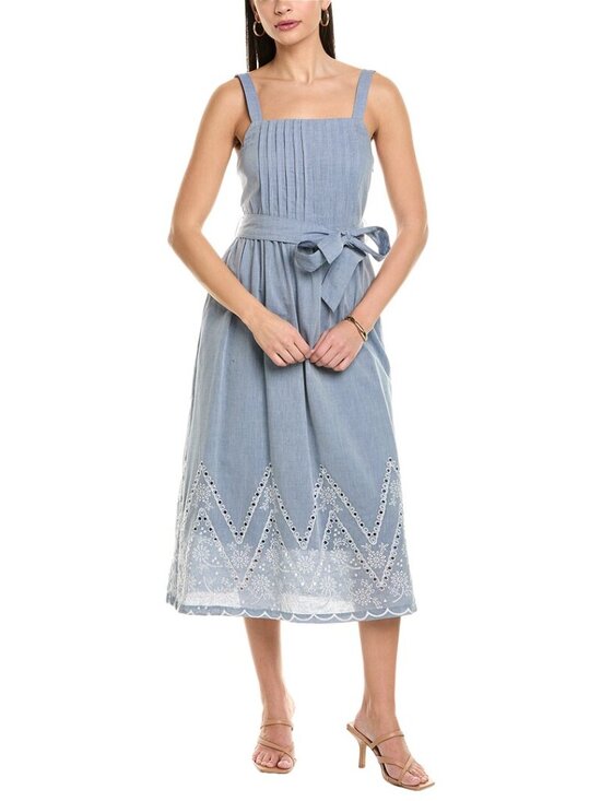 julia jordan Dresses & Skirts - Julia Jordan Blue Eyelet Hem Pleated Tie-Waist Midi Dress Women's Size 4